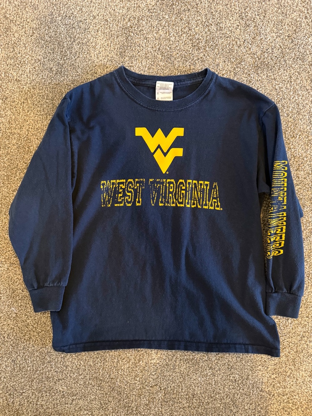 Gildan Navy Kids Long-Sleeve West Virginia Mountaineers Tee with Yellow Logo